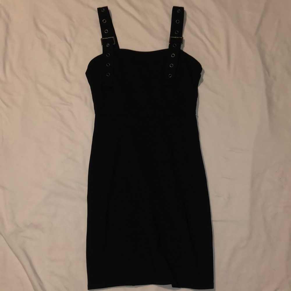 black tight mini dress with buckle straps size S